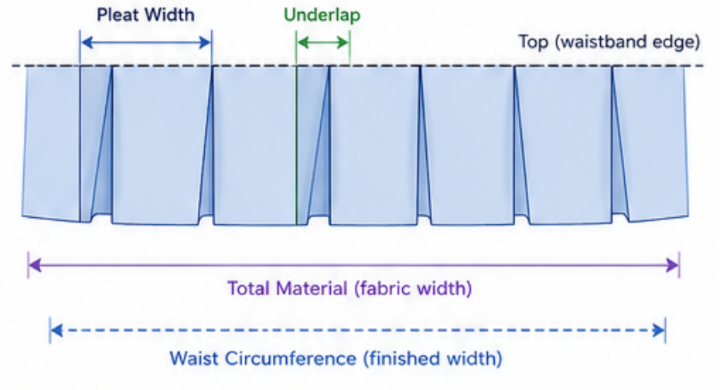 Diagram showing pleat width, underlap, waist circumference, and total material